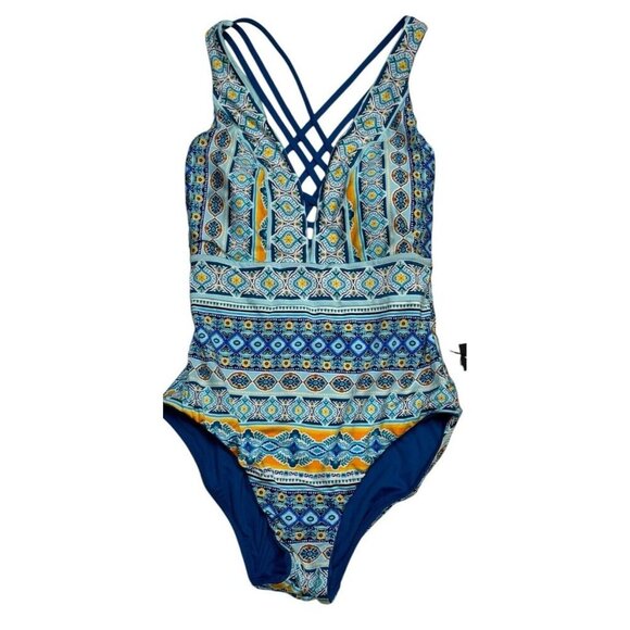 La Blanca Sz 4 Swimsuit Reversible One Piece Blue Mosaic UPF 50+ Boho Retro - Picture 5 of 9